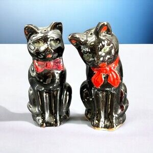 Vintage 1950s Shafford Black Cat Redware Salt & Pepper Shakers *READ*